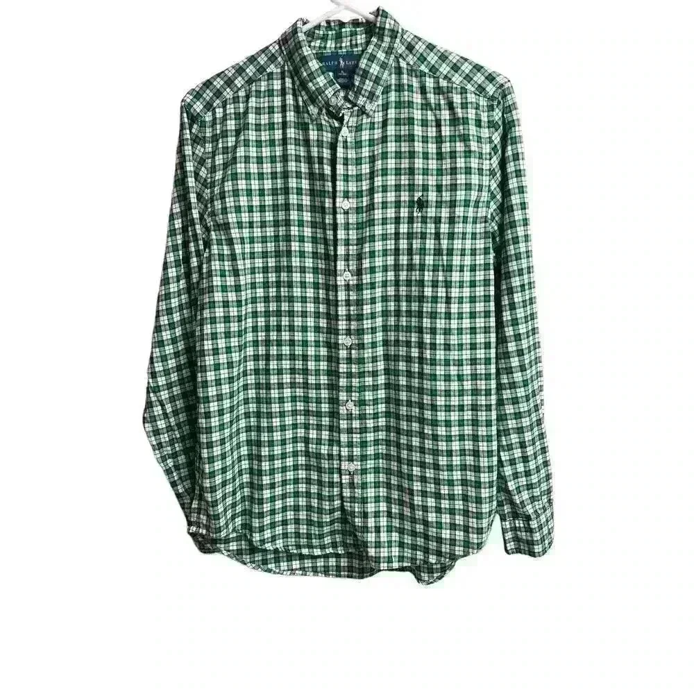 Ralph Lauren Boy's Button Up Green Black White Plaid XL 18-20 Cotton